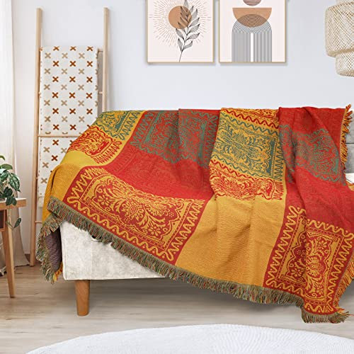 BCOTTOND Böhmische Überwürfe Decken Südwesten Navajo Bett Couch Dekorative Sofa Bunte dekorative Decken mit Quaste Strickdecken Tribal Muster Hippie Raumdekoration (177,8 x 127,8 cm, Gelb Orange)