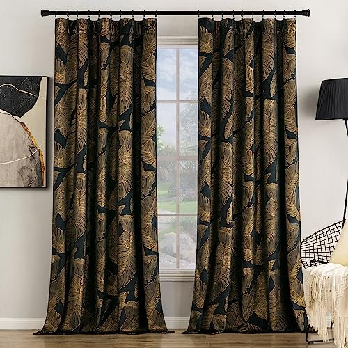 MIULEE Samtvorhang mit Goldfolie Blätter Muster, 2er Set Vorhänge Samt Schwarz mit Rückenschlaufen und Stangentasche, Dicke Vorhang Blickdicht Samt Gardinen für Schlafzimmer, Jeder H 280 X B 140cm