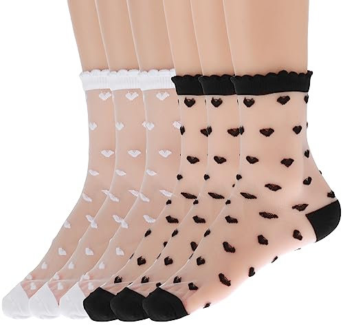 Lusofie 6 Pairs See Through Socks Thin Transparent Mesh Socks Summeer Ankle Ruffle Sheer Socks Women Fashion(Black, White)