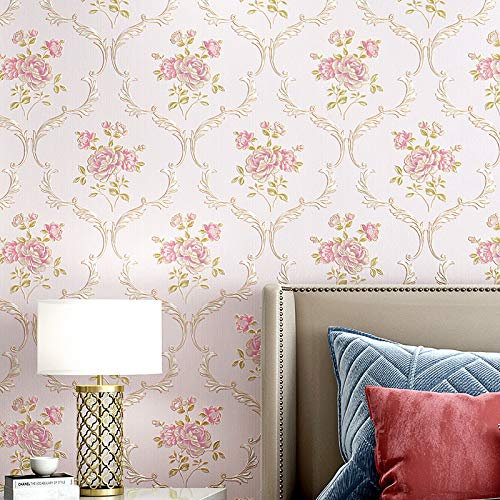 SAIMEYI Non-Woven Wallpaper European Style 3D Wallpaper 0.53M X 10M = 5.3m²/Roll White Yellow Purple Blue Pink Floral Motifs Wallpaper For Bedrooms, Living Rooms, Bathrooms, TV Background,Hotel.