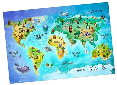Tischset | Platzset abwaschbar – Weltkarte in deutsch mit vielen Tieren – 44 x 30 cm – aus hochwertigem Vinyl