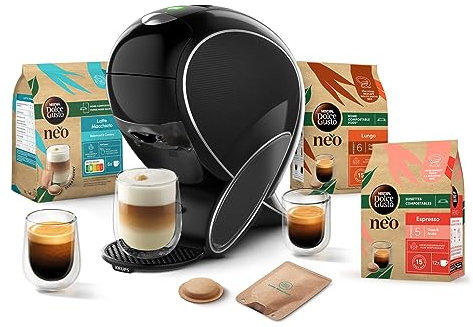 Dolce Gusto NEO Coffee Machine by Krups Kaffeemaschine + 3 Dosen kompostierbare Kaffeepads (Espresso, Lungo, Cappuccino), Smart-Multi-Getränke-Maschine YY5242FD