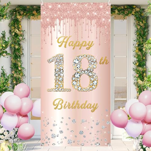 PLATEYTR 1 Stück 18. Geburtstag Banner, alles Gute zum 18. Geburtstag Tür Banner Rose Gold, 18. Geburtstag Dekorationen, 18. Geburtstag Hintergrund für Geburtstag Dekorationen, Mädchen Geburtstag