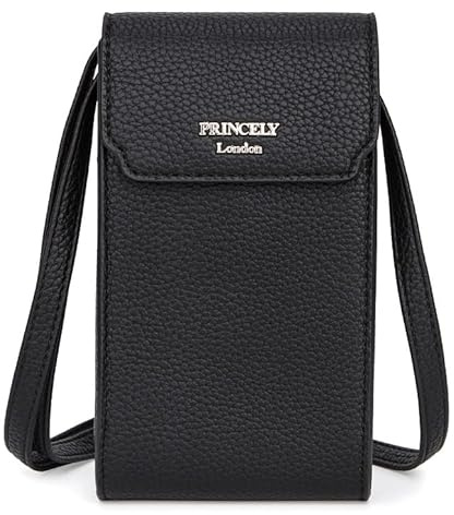 Princely London Handytasche Celina Schwarz – Kompakte, Stylische Umhängetasche für Smartphones, aus Hochwertigem Veganem Leder, Ideal für Alltag & Reisen