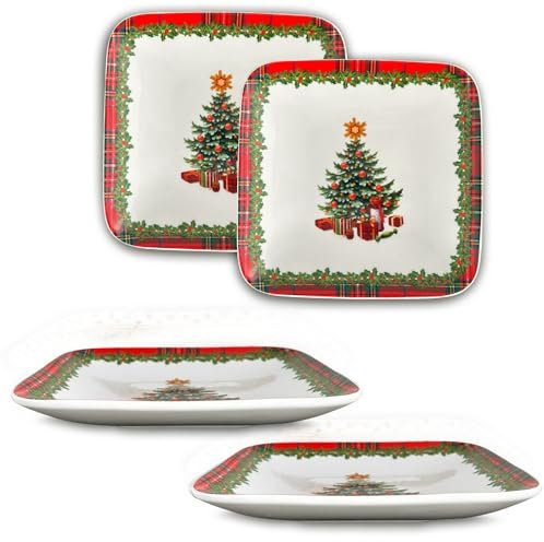 ARCA, Set di 2 Vassoi Quadrati in Porcellana, con Decorazione Natalizia Scozzese, Resistenti e Duraturi, Ideali per la Tavola, Idea Reagalo di Natale, 12x12 cm