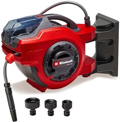 Einhell Wall Mounted Retractable Hose Reel with 30m Hose - Battery Powered Automatic Hose Retraction, Swivels 180°, 30m Garden Hose & Accessories - GE-HR 18/30 Li (Supplied Without Battery)