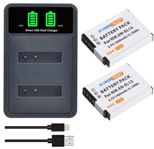 PowerTrust 2-Pack EN-EL12 Battery and LED Dual Charger for Nikon Coolpix a1000, a900, W300, S9600, S31, S800c, S6100,S6200,S6300, B600, S8000, S8200, S100