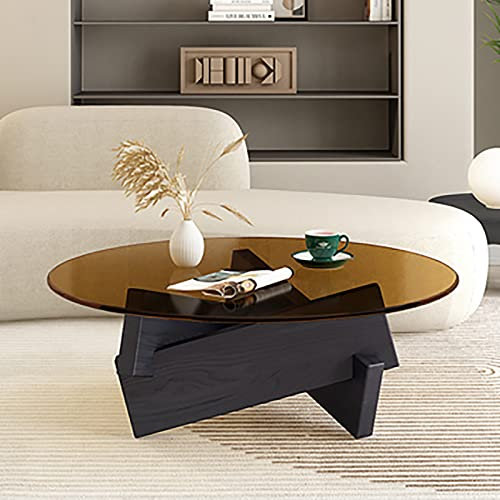 Table Basse Moderne Table Basse Ronde Table d'extrémité en Verre épaissi avec Base en Bois Table Centrale Table Basse en Verre (Marron-Noir-diamètre 31,5 Pouces)