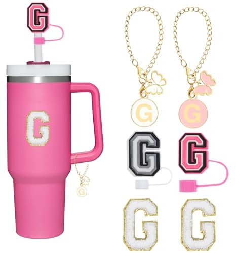 Reusable Straw Cover for Stanley Cup Accessories, 2Pcs Dustproof Straw Covers with Letter Charms and Personalized Name Stickers (G)