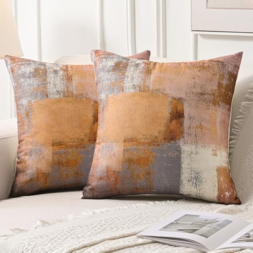 Jayusaror Kissenbezug 40 x 40 cm Kissenbezüge Orange Grau Sofakissen Deko Zierkissen Leinen Couchkissen Abstrakte Aesthetic Kissenhüllen 2er-Set für Wohnzimmer