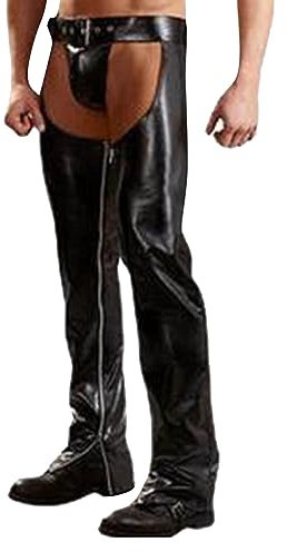 Rrongwn Herren Wetlook Hose Ouvert Pants Kunstleder Lose Lange Hosen Wild West Cowboy Kostüm Chaps Hose mit Fransen Schnalle Reizwäsche