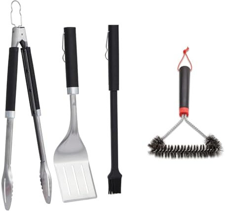 Weber Premium BBQ Tools Set - 3 Pcs | Stainless Steel Tongs, Spatula & Baster for Barbeque Cooking & 6277 30 cm Three-Sided Grill Brush, Black/Silver