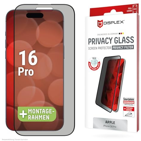 Privacy Schutzglas für iPhone 16 Pro (10H), Edge-to-Edge, Eco-Montagerahmen | DISPLEX Privacy Glass, 10H Panzerglas, 2-Wege Blickschutz, maximale Abdeckung, Anti-Shock, Bruchschutz, kratzfest