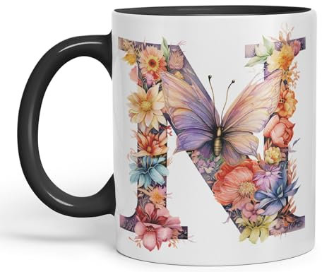 Vixar Letter N Mug, Floral Flowers Butterfly Alphabet Letter N Monogram Watercolour Ceramic Coloured Mug Cup for Tea Coffee Hot Brew 330ml 11Oz Gift (Black)