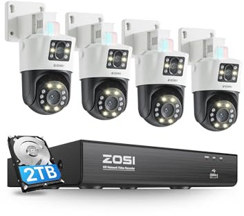 ZOSI 4K Dual-Lens PoE CCTV Camera System, 4pcs Pan/Tilt PoE Camera Outdoor, 2-in-1 Dual Views (4MP+4MP), Color Night Vision, Person/Vehicle Detect, Spotlight Siren, 8 Ports 16CH 8MP NVR with 2TB HDD