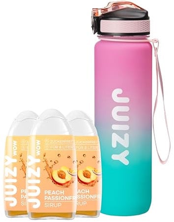 Trinkflasche Starter Set 3x Zuckerfreier Sirup Peach Passionfruit inklusive, Sport Wasserflasche [Bottle BPA-free] 1Liter Auslaufsichere Sportflasche | Sirup ohne Zucker More Juizy Less Calories