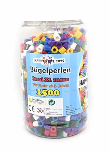 Happy Price Toys Dose mit 1500 Maxi XL 10mm Rund Kunststoff Bügelperlen Vollton Farben für Kinder ab 3 Jahren. (Kompatibel mit allen Maxi Stiftplatten.)