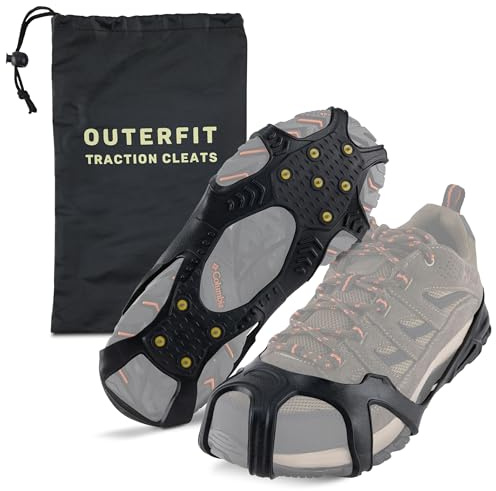 Outerfit Non-Slip Crampons with Tungsten Steel Spikes, Shoe Spikes for Snow and Ice, Cleats for Hiking, Fishing, Walking