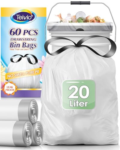 Teivio 20 Liter Small Bin Liners with Tie Tap, 60 Counts Strong Drawstring Pedal Bin Bags Fit 15-20L Trash Can, Waste Paper Bin Bags for Home Office Kitchen Bathroom Bedroom, White Toilet Rubbish Bag