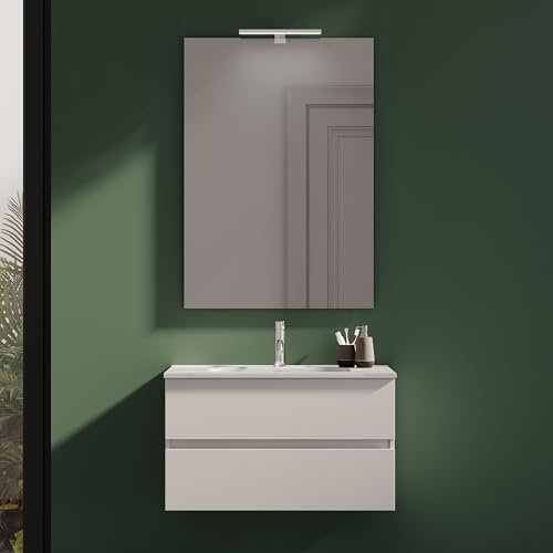 Mobile Da Bagno Sospeso Mod. Yili Con Lavabo In Ceramica Profondità 46cm Specchio Filolucido Incluso (90cm, Bianco effetto legno)