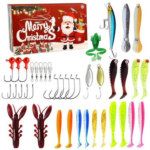 Angelkalender, Angel-Adventskalender 2024 für Männer, Angelköder-Adventskalender 2024, 24 Tage Weihnachts-Countdown-Kalender mit Angelköder-Set, ideal für Fischer, Erwachsene, Teenager