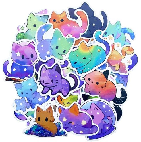 100PCS Cat Stickers, Rainbow Starry Sky Cat Stickers Cartoon Animal Cat Sticker Cute Cat Decals Waterproof Stickers Self Adhesive Funny Vinyl Cat Stickers for Cat Lovers Scrapbook Laptop Journal