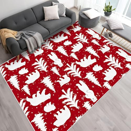 buyluhn Weihnachten Wohnzimmer Teppich Winterwald 120x170 Kurzflor Teppich Schlafzimmer, EisbäR Teppich Gegend Dünn Bettvorleger Saugfähig für Jugendzimmer Jungen Mädchen, Waschmaschine Waschbar