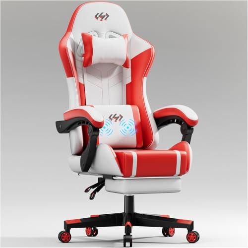 HLFURNIEU Silla Gaming con Masajeador, Silla Gamer Ergonómica con Cojín Lumbar Masajeador y Reposapiés, Sillón Gamer Altura Ajustable, Cadeira Gaming Blanco y Rojo