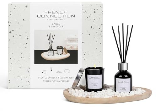 French Connection Home Fragrance Gift Set | Scented Candle & Reed Diffuser with Wooden Plate & Pebbles | Luxury Aromatherapy Set | (Lemon & Lavender)