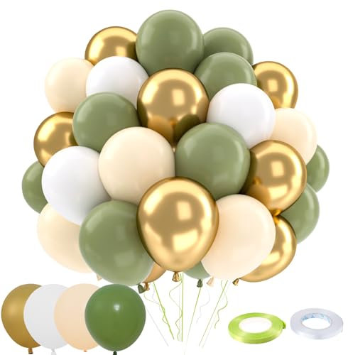 Palloncini Compleanno Verde Oro, 52 Pezzi Palloncini Verde Salvia Bianchi in lattice Palloncini Oro Metallizzato per Compleanno Feste Anniversario Decorazioni, Addobbi Matrimonio 12 Pollici