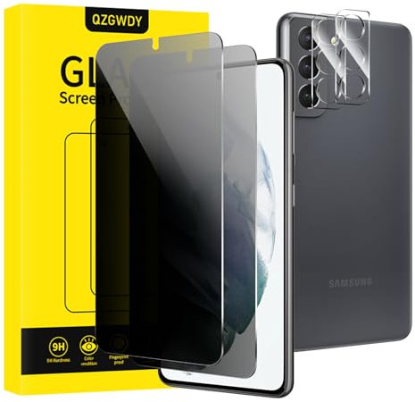 QZGWDY Verre Trempé Anti-Espion pour Samsung Galaxy S21, Lot de 2 Film Protection Écran + 2 Pièces Protection Camera Objectif Vitre Protecteur Protege Sans Bulles, Dureté 9H, Facile à Installer