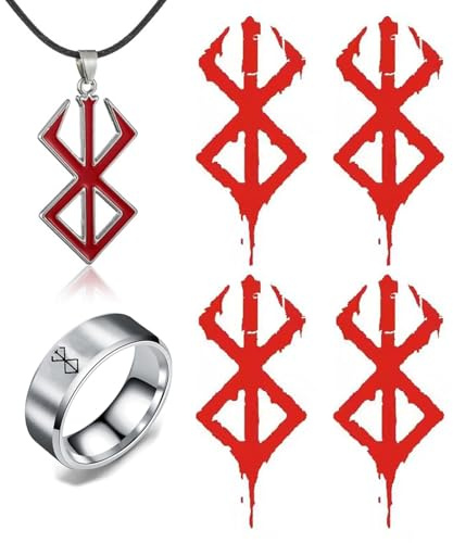 HJYZY BerSk Symbol Halskette Edelstahl Ringe Anime Temporäre Tattoos Aufkleber Cosplay-Schmuck Zubehör Set Geschenk für Fans 6 Stück