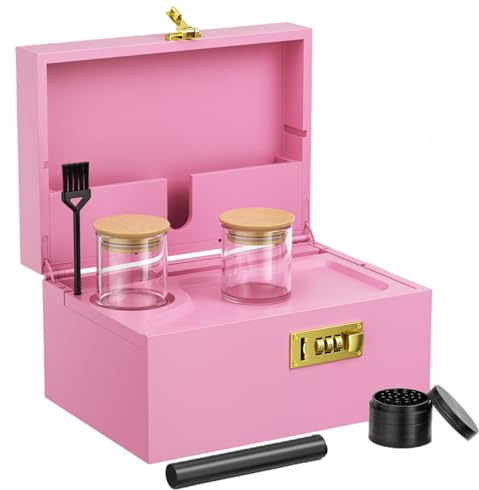 WildFun Large Bamboo Storage Box with Combination Lock, Decorative Box Set with Removable Tray and Glass Storage Jars, Wooden Storage Box with Brush Grinder and All Accessories, Pink