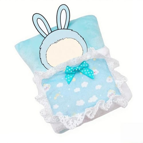 Einteiliges Puppenbett für 17 cm große Puppe, bezauberndes blaues Thema mit weißen Wolkenmustern und Spitzenbesatz, perfekt für Puppenhaus-Möbelzubehör, Blau
