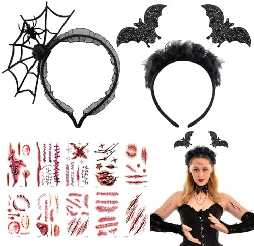 SUPRROW 2 Stück Halloween Haarreif Damen, Fledermaus Haarreif mit Halloween Aufkleber,Spinnen Haarschmuck,Halloween Haarschmuck für Abschlussball Karneval Kostüm Party