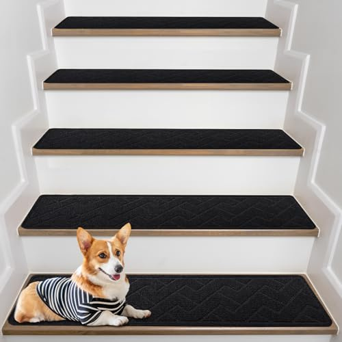 RIZENCE 15Pack Anti-Slip Stair Carpet Treads, 76x20cm Stairs Runner Carpet Treads, Reusable Stair Mats Self Adhesive, Stair Protection Mats for Kids Elders Pets, Machine Washable, Cutting(Black)