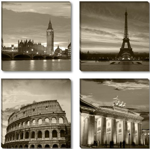 Visario Leinwandbilder europäische Wahrzeichen Sepia 60x60 cm 4-teilig je 30x30 cm 6604 Big Ben Eiffelturm Kolosseum Brandenburger Tor Wandbilder Vintage Nostalgie Städte Kunstdruck auf Leinwand