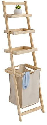 BRINDEK Mueble Organizador con estanterías y cesto Ropa Sucia extraíble | Cesta Colada Plegable de Tela Beige y Estructura Madera | Mueble lavandería Funcional y Decorativo