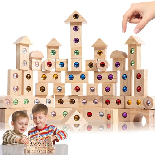 Regenbogen Holzbausteine Set 50 STK, Holzspielzeug für Kinder ab 3 4 5 Jahr, Bunte Bausteine Holz, Stapelspiel & Bauklötze, Sensorische Regenbogen Bausteine Eltern-Kind-Spiel zur Förderung der Motorik
