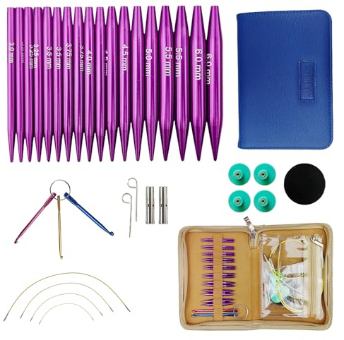 9 Pairs Circular Knitting Needles Set with Storage Rack, Metal Circular Needles for Hats and Socks, Complete Knit Accessories Kit with Cables and Tools, Knitting Kits for Adults