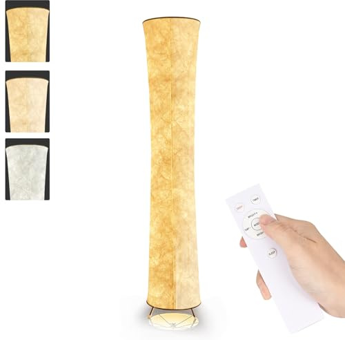 BASRAE Modern Stehlampe Wohnzimmer LED Papier Stehleuchten Dimmbar 3 Farben | 130cm Lange Weiss Schlafzimmer Standleuchte Papierschirm Standlampe Fernbedienung Weich Design Bodenleuchte Deko Lamp Stehend
