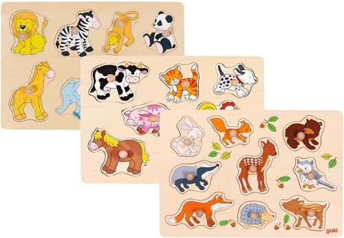 goki Steckpuzzle Set - Bauernhoftiere, Waldtiere, Zootiere - 57387, 57873, 57874