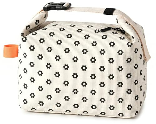FYting Bolsa Termica Porta Alimentos,7L Bolsa Comida Trabajo-Flores Blancas | Bolsa Nevera Pequeña,Bloqueo de Temperatura Mantenimiento Fresco, Impermeable, Mango Ajustable, para Picnics, Trabajo Escuela