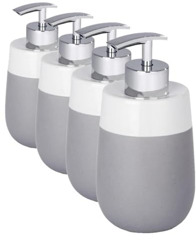 WENKO Seifenspender Malta Grau/Weiß Keramik - Flüssigseifen-Spender, Spülmittel-Spender Fassungsvermögen: 0.3 l, Keramik, 7.5 x 15 x 8 cm, Grau, Grau/Weiß, 15 x 8 x 7.5 cm (Packung mit 4)