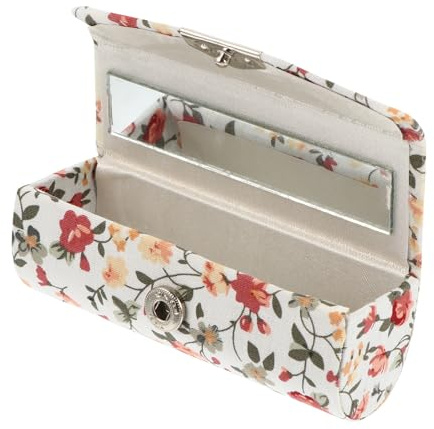BIUDECO Elegante Lippenstift Kasten mit Spiegel Retro Lippenstiftetui aus Stoff und Glas zur Aufbewahrung und Schutz vor Bruch Weiß mit Blumenstickerei für Damen