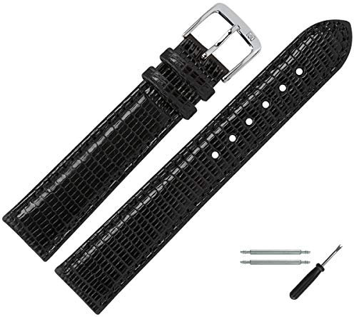 MARBURGER Uhrenarmband 20mm Leder Schwarz Silber Eidechse Prägung Mit Naht - Montage Set 8092010000120