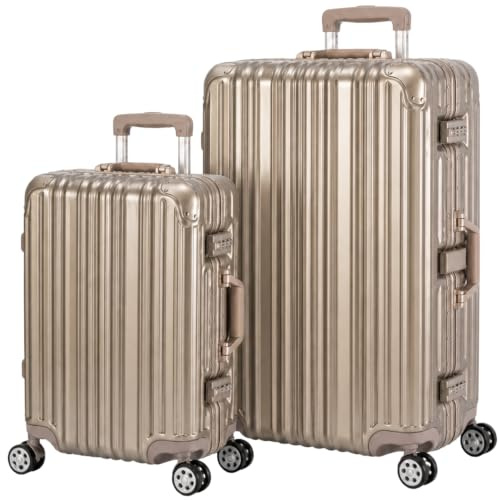 Travelhouse® London Aluminium-Rahmen Koffer-Set Gold | Polycarbonat-Hartschale, Ohne Reißverschluss, TSA-Schloss, 4x 360° Doppel-Rollen, S+L