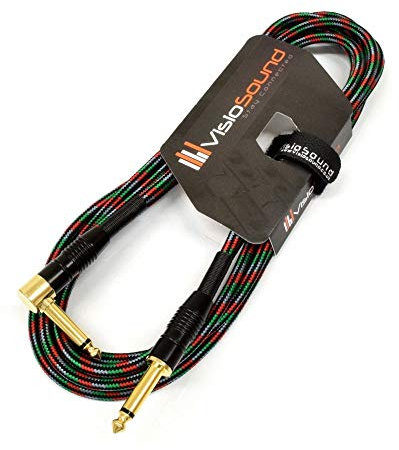 Premium Tweed Guitar Bass Lead / 6.35mm 1/4 Angled Jack/Vintage Braided Instrument Cable (Black/Green/Red/Silver, 5m)