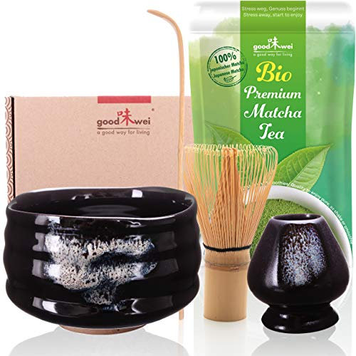 Goodwei BIO Matcha aus Japan im Matcha-Set komplett mit hochwertiger Matcha Schale aus Keramik, Matcha Besen und Besenhalter | Geschenkset für Teezeremonie (Burashi)