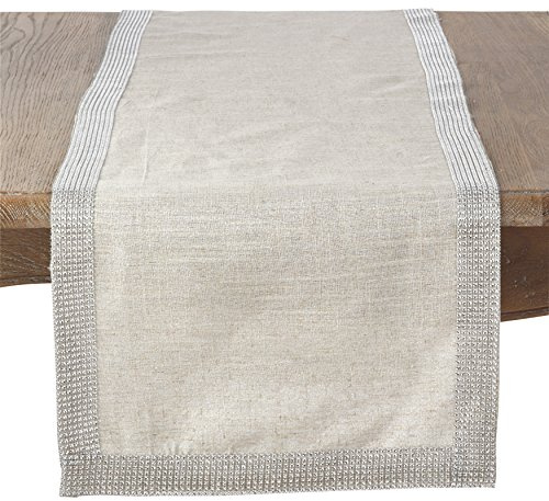 SARO LIFESTYLE 315.S16120B Lily Collection Table Runner with Studs, 80% Polyester, 20% Linen, Silver